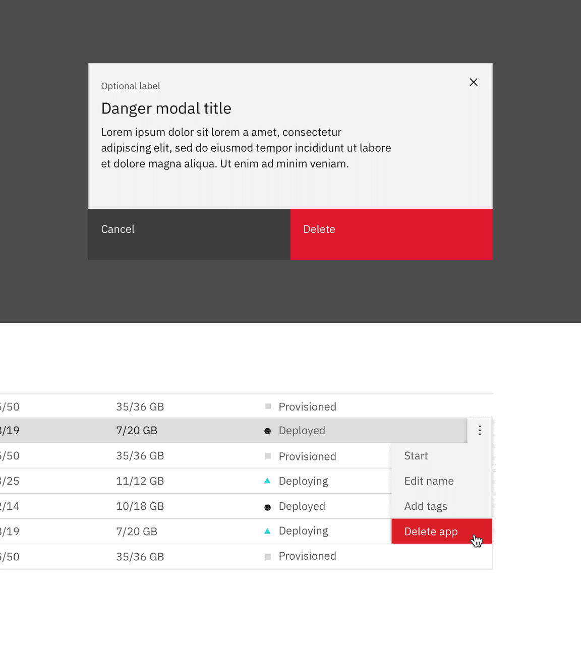 Example of delete in a modal and overflow menu