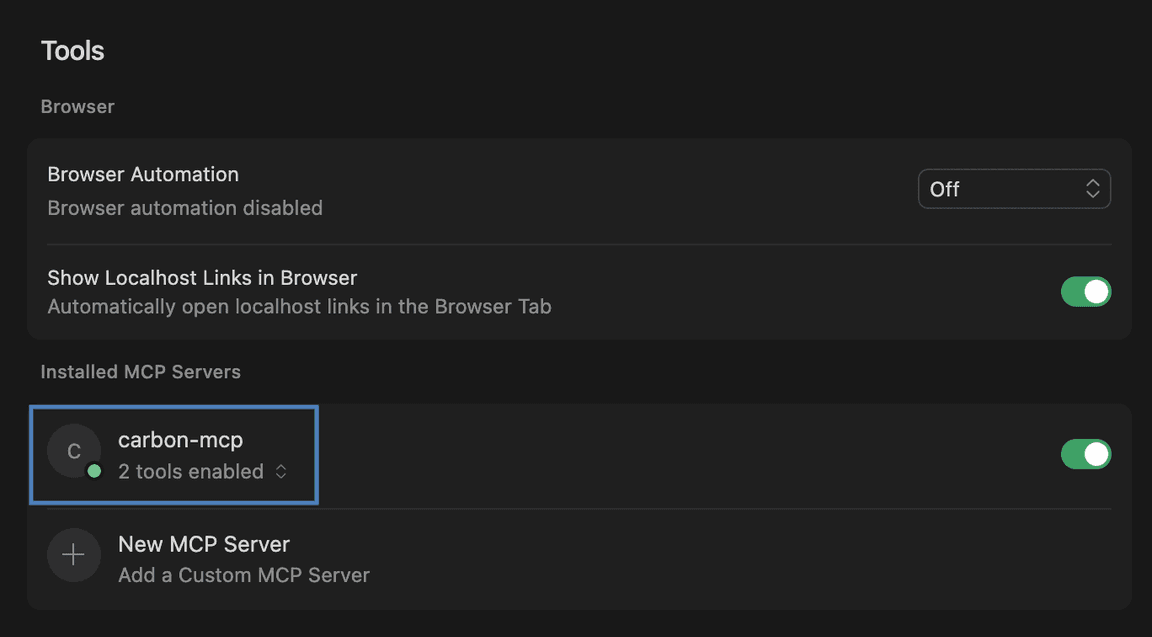 Cursor Carbon MCP enabled