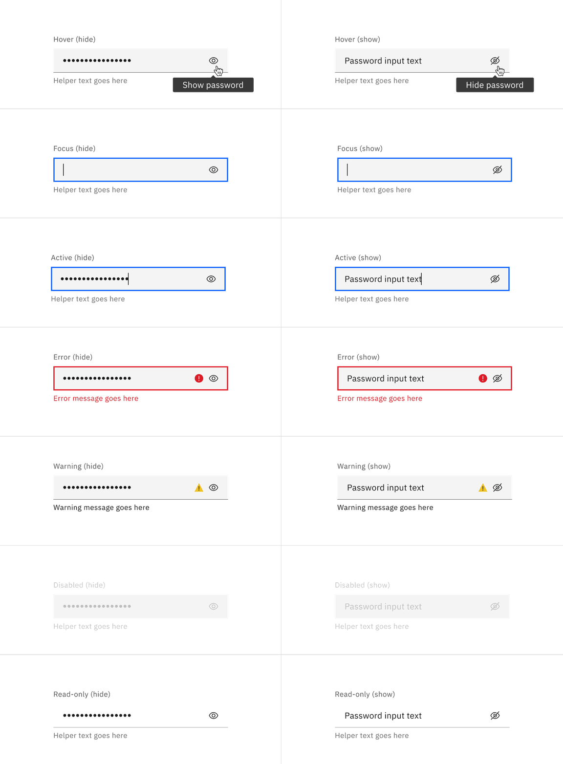 Examples of password input states in the default style
