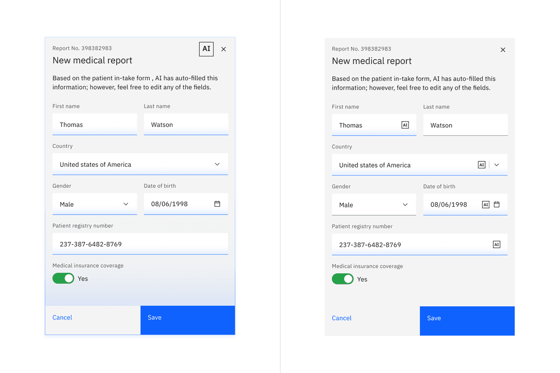 Example of form with full and component based AI presence