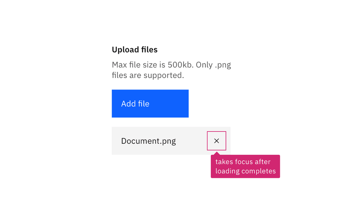 File uploader with annotation on file's remove button stating 'takes focus after loading completes'