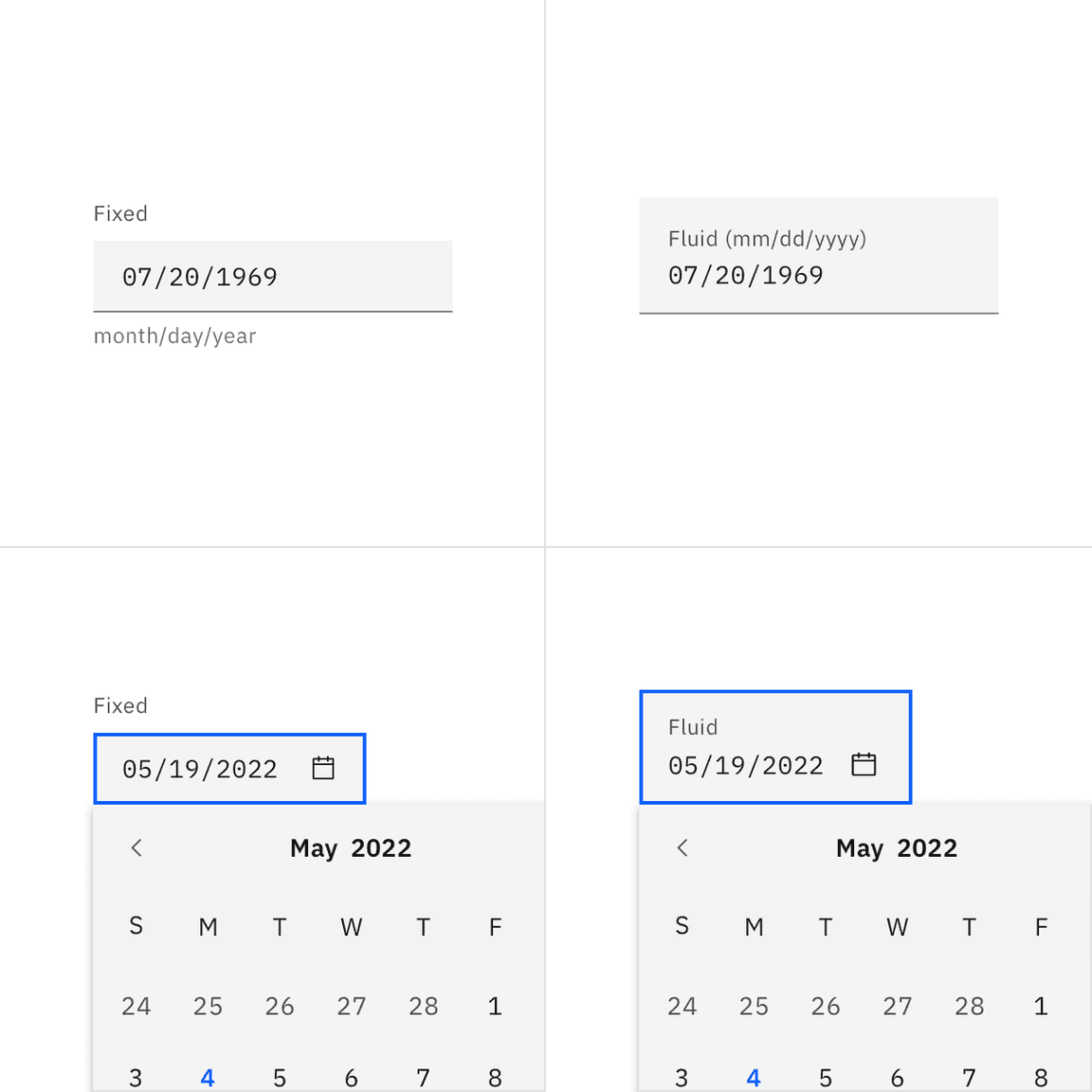 An example of a default and fluid date picker input