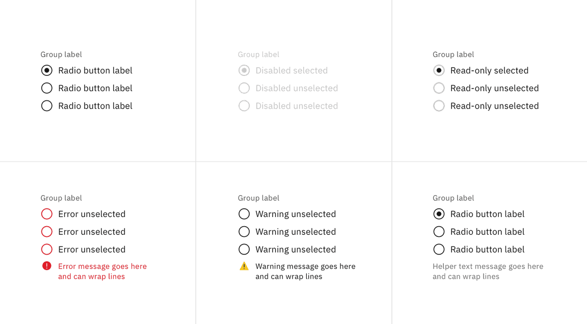 Examples of focus, disabled, read-only, error, and warning states