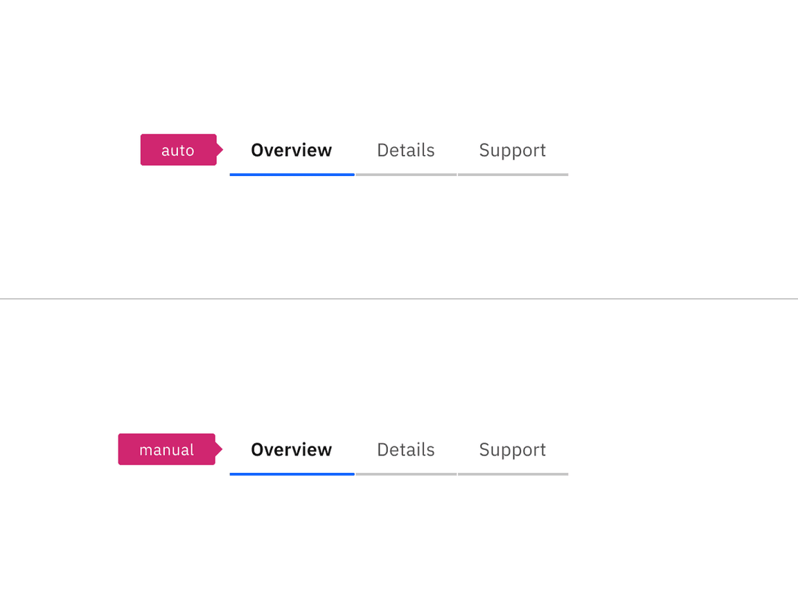 Two tabs, one with a pink annotation reading "auto", the other with an annotation "manual"
