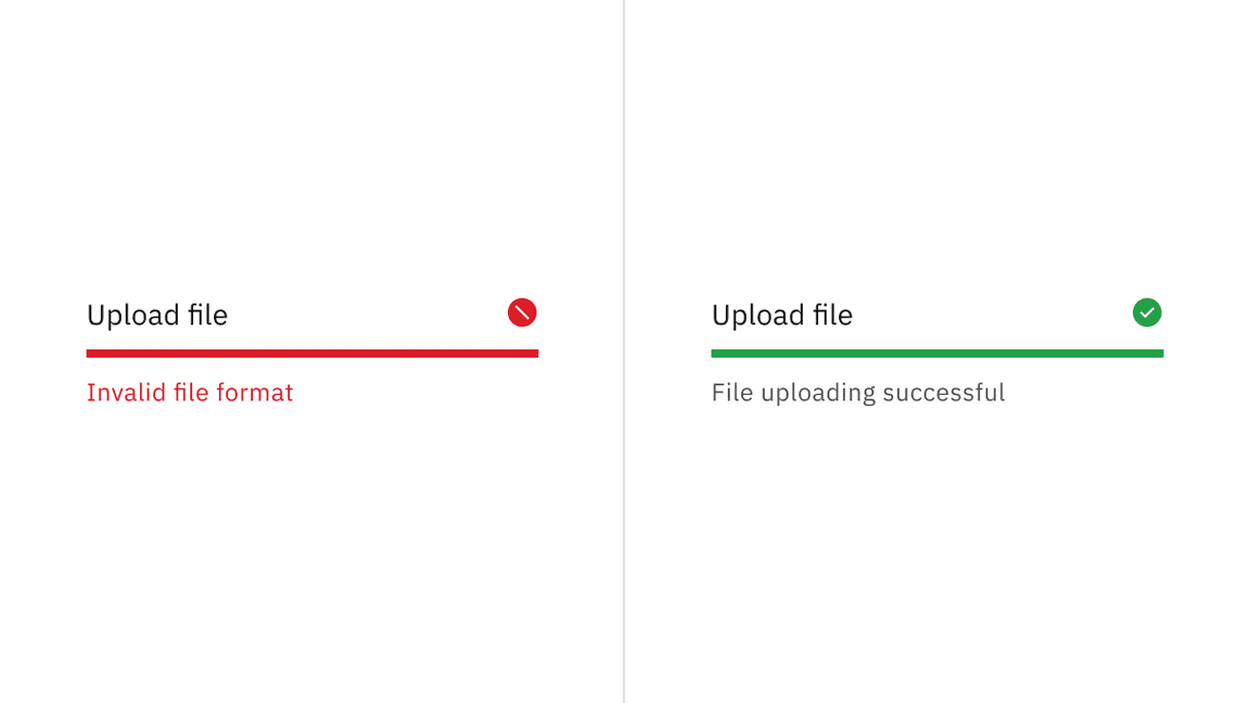 Two progress bars respectively in error and successful, show the help text "Invalid file format" and "File uploading succeeded"