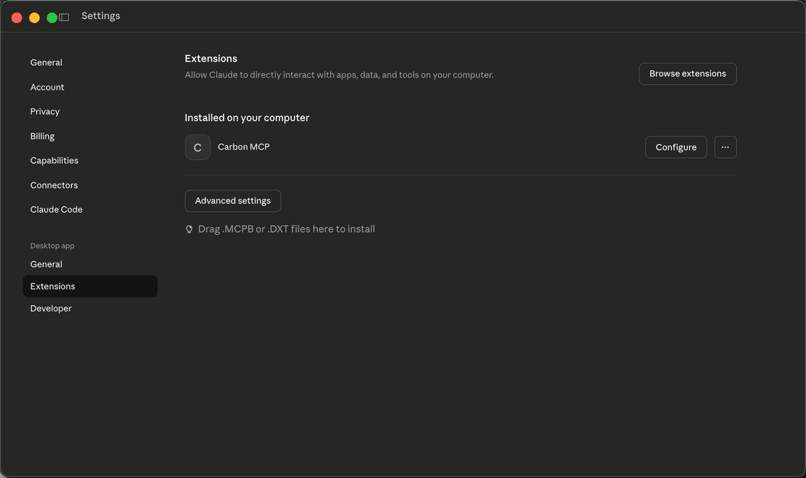 Carbon MCP Claude extension installed