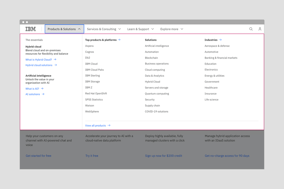 Example of productive type styles in website mega menu