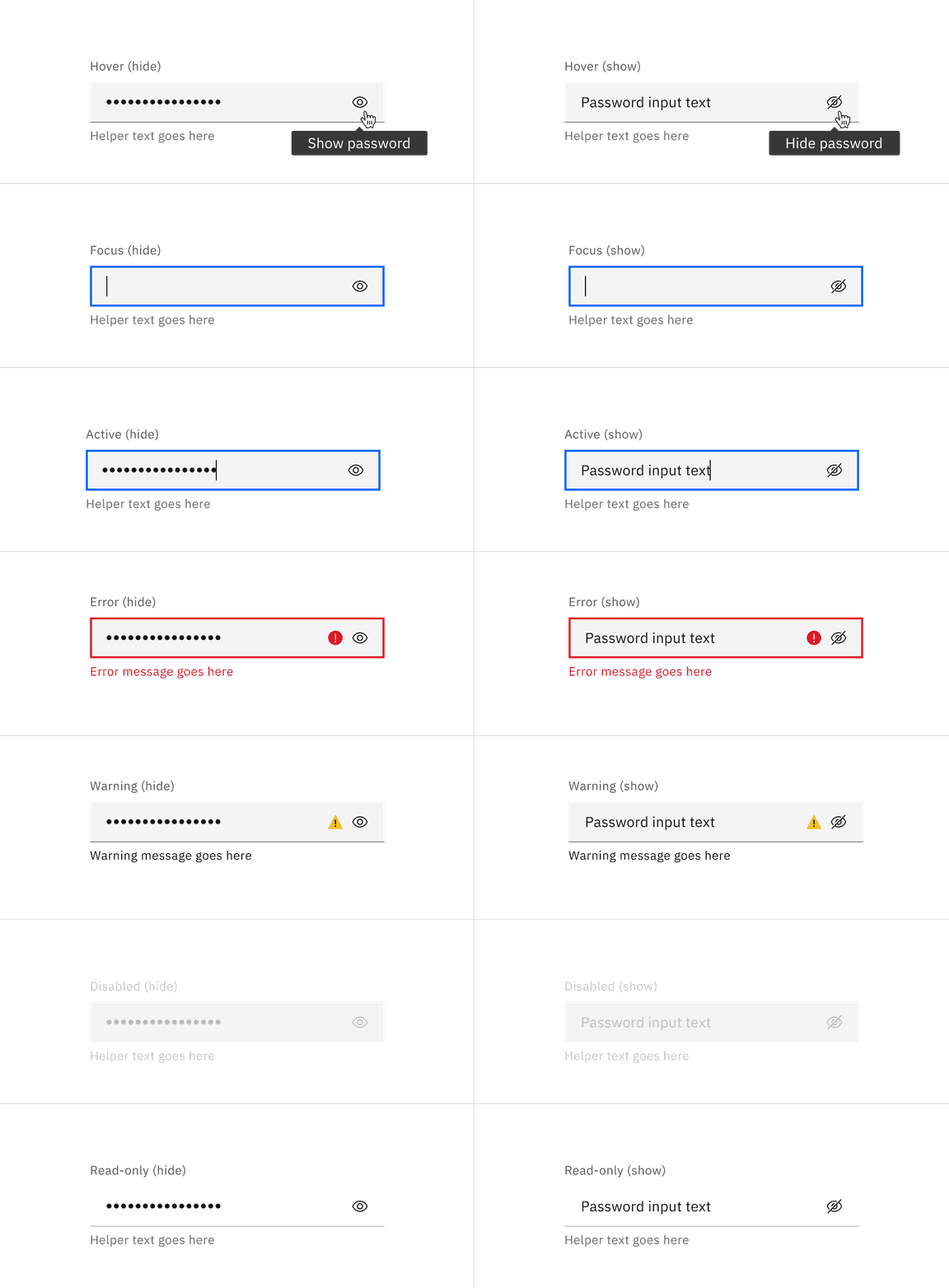 Examples of password input states in the default style