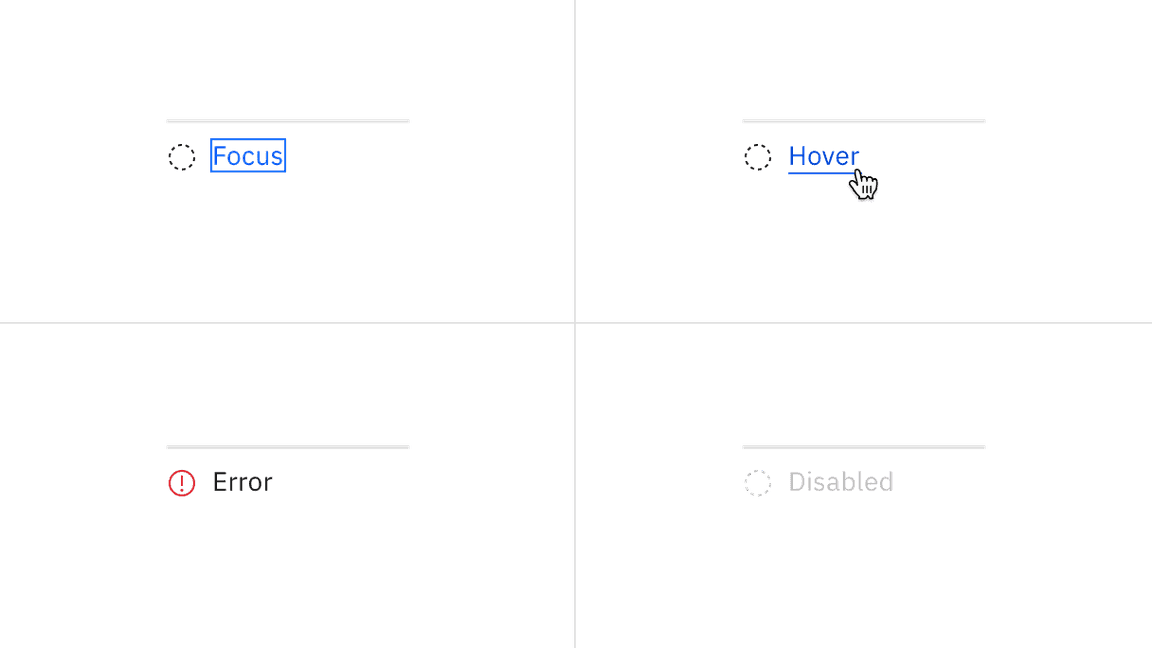 Examples of focus, hover, error, and disabled states for progress indicator