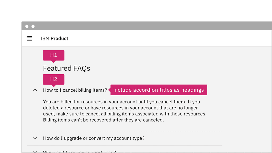 H1 and H2 annotations for headings, plus direction to ‘include accordion titles as headings'