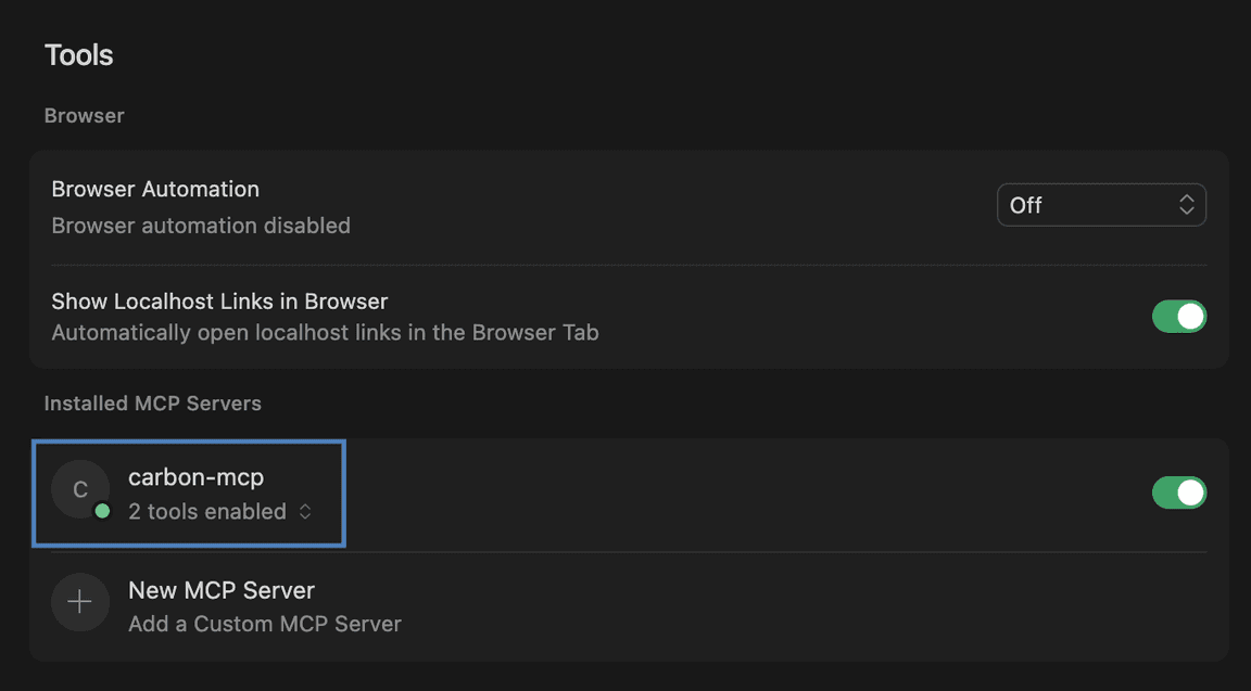Cursor Carbon MCP enabled
