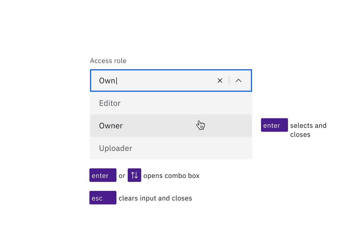 The Enter key opens and selects items in a combo box. Arrow keys can open and navigate the options. Esc clears the input and closes.