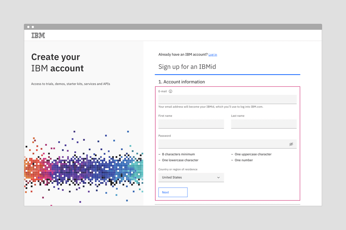 Example of productive moment with account creation form