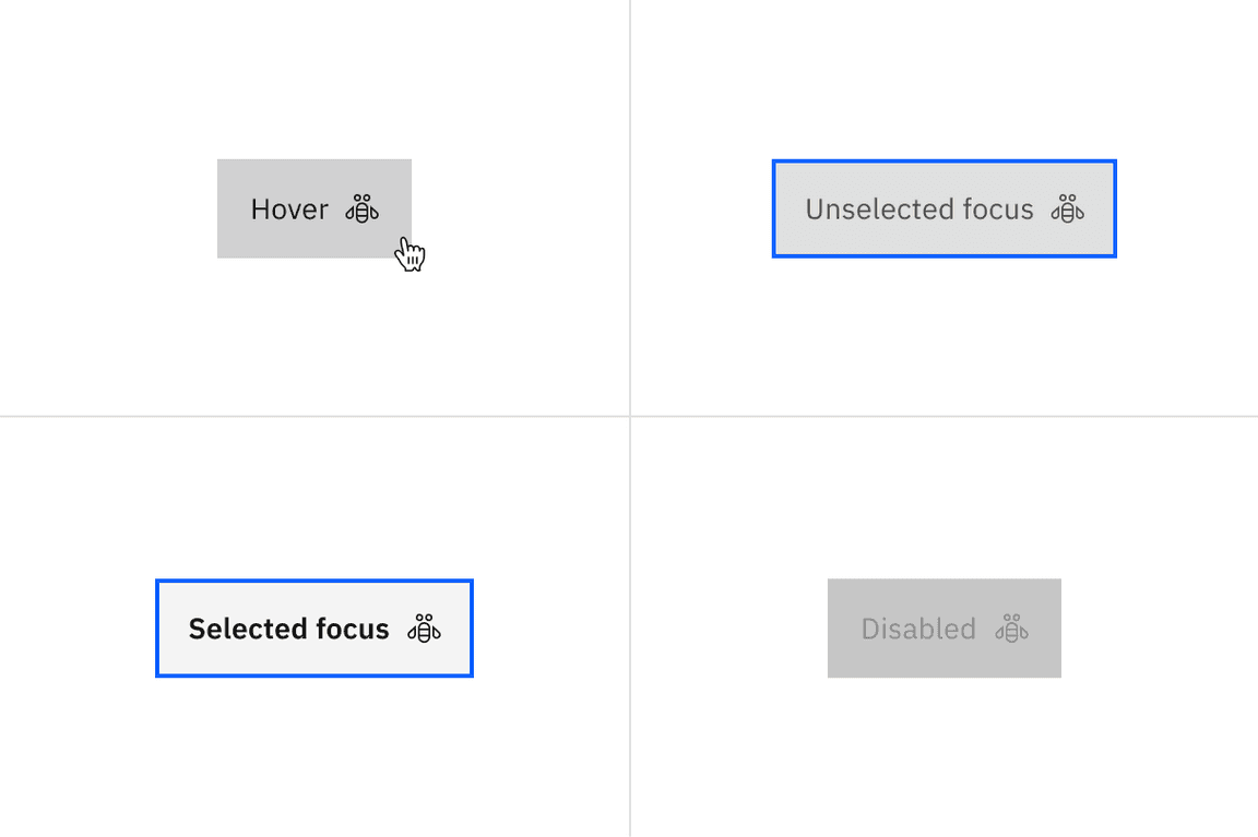 Examples of hover, unselected focus, selected focus, and disabled states for contained tabs.