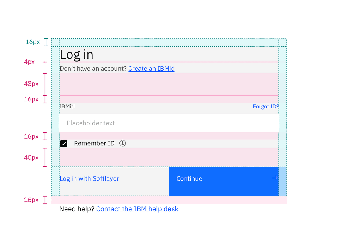 Specs for margins and vertical spacing in a centered login form with fixed input