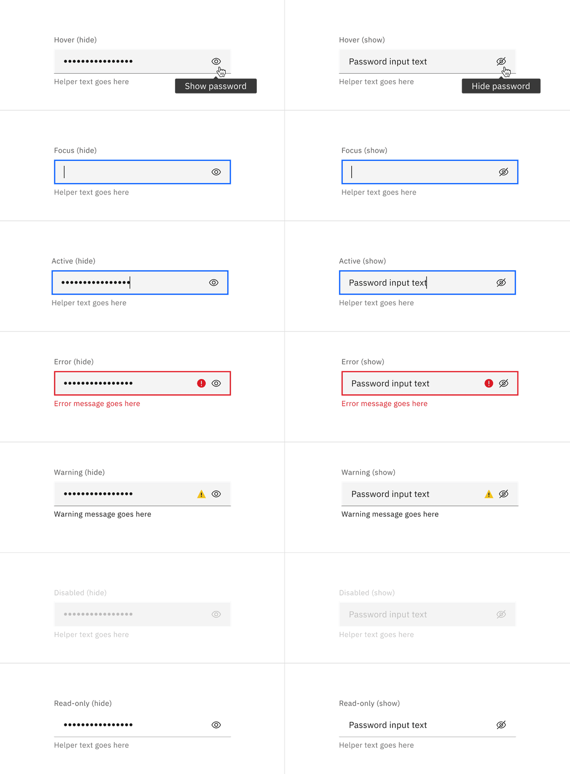 Examples of password input states in the default style