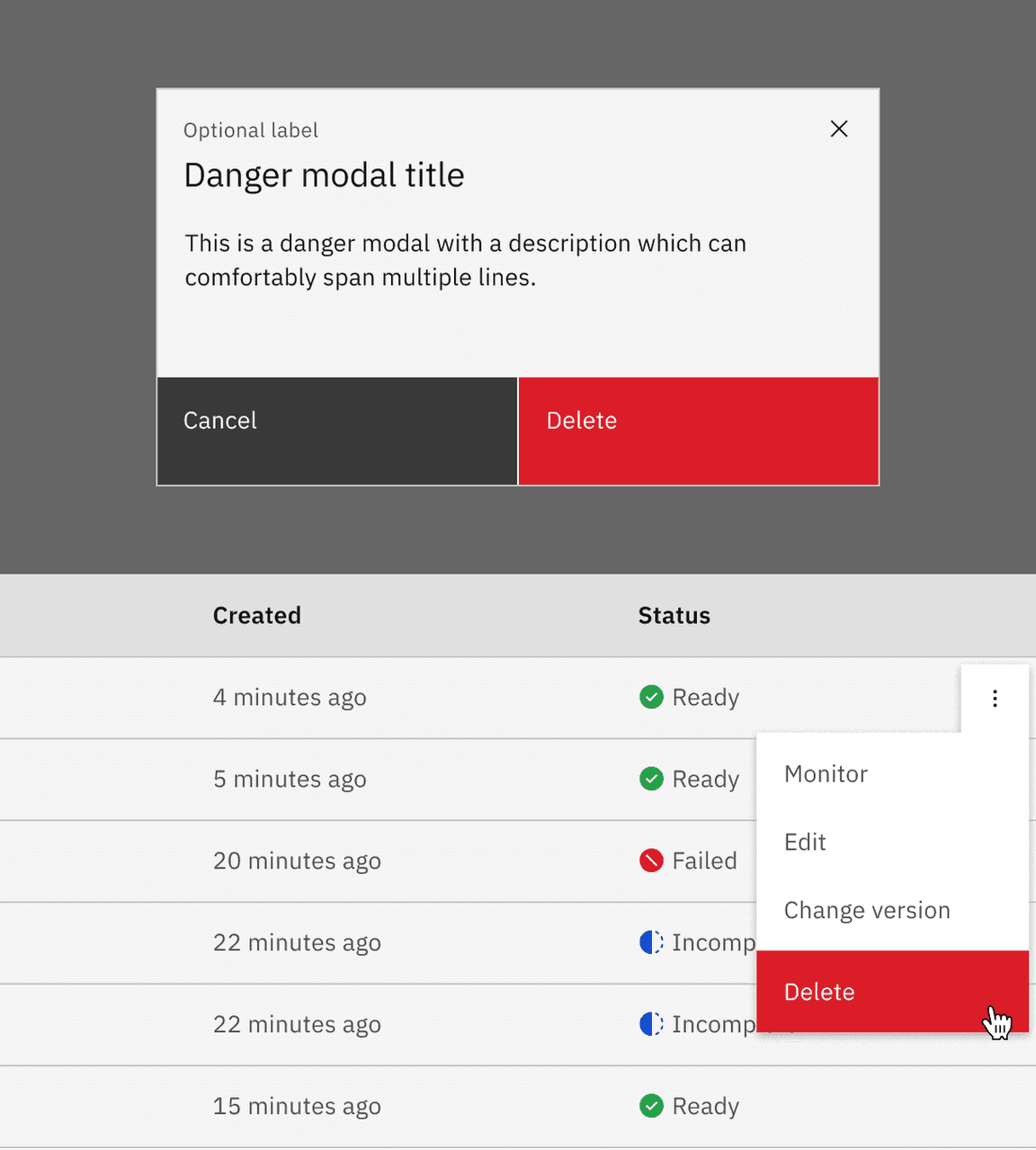 Example of delete in a modal and overflow menu